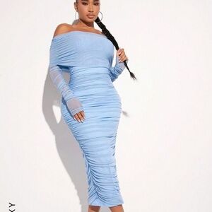 Off shoulder mesh body con dress baby blue shower maternity L 8/10